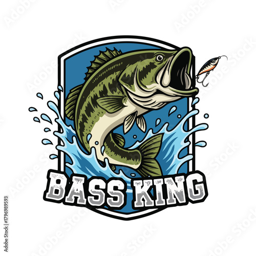 A largemouth bass leaps from the water, mouth open, attempting to catch a fishing lure, set against a shield-shaped background with "BASS KING" text.