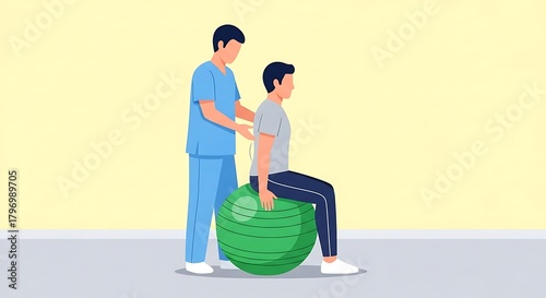 Physical therapist assisting patient with exercise ball therapy.