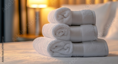 Soft, Fluffy Towels Stacked Neatly on a Bed in a Cozy Hotel Room With Warm Li...