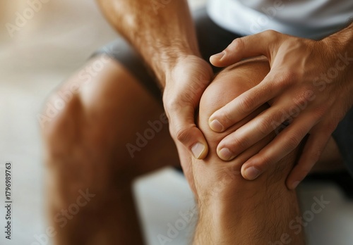 Man Experiences Pain While Holding His Knee During Exercise Recovery at Home ...