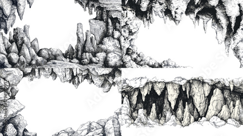 Monochrome cave frames with dramatic stalactites and stalagmites forming rocky borders—perfect for maps, game scenes, fantasy posters, and subterranean backgrounds.