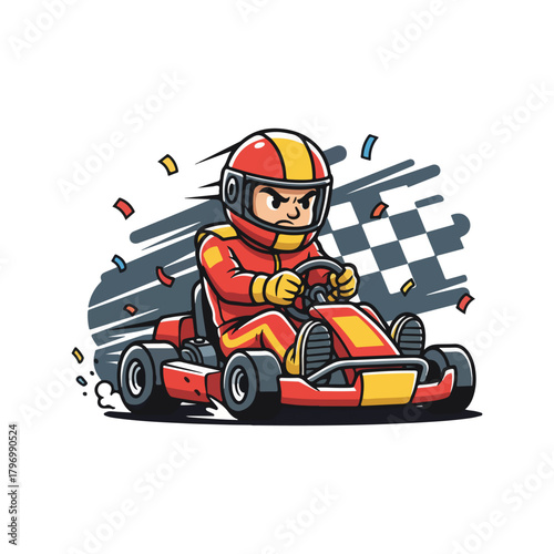 Cartoon illustration of a determined go-kart racer in a red and yellow suit speeding towards the finish line with confetti in the air.