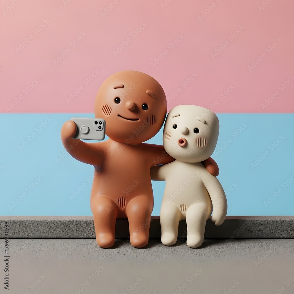 Obraz premium Two stylized figures pose for a selfie with a phone against a pastel pink and blue background.