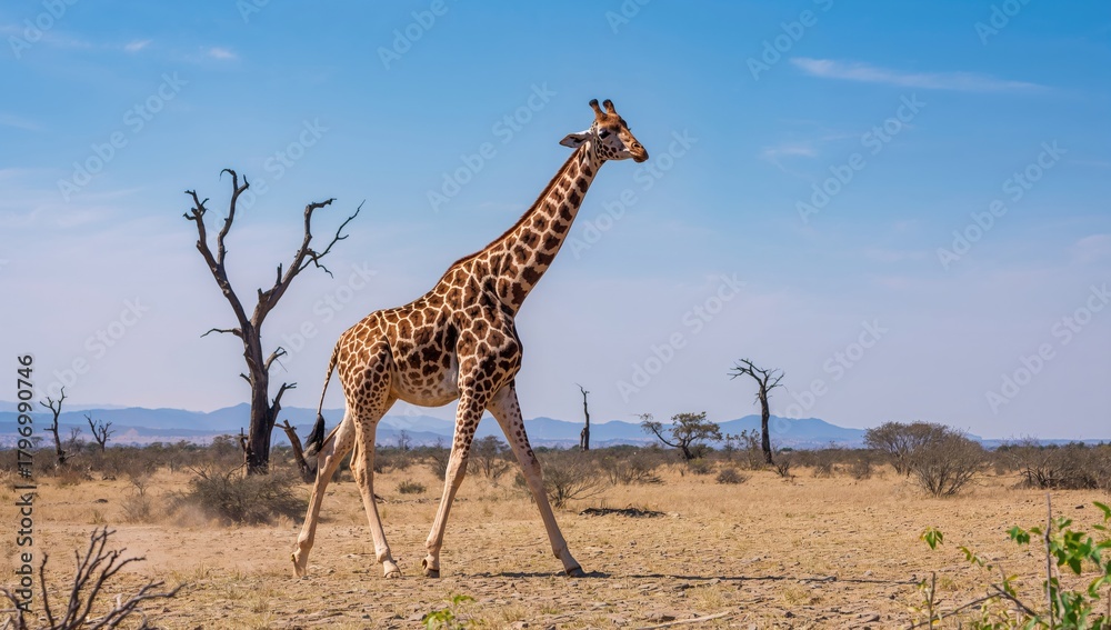 Obraz premium Reticulated giraffe traversing a parched grassland with lifeless trees, highlighting habitat vulnerability