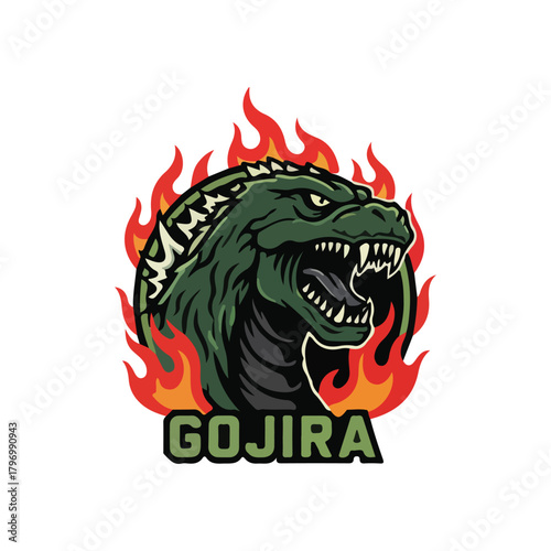 A stylized illustration of Godzilla's head roaring, surrounded by flames, with the word 