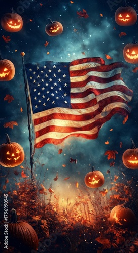 Halloween Celebration With American Flag and Pumpkins in a Spooky Atmosphere