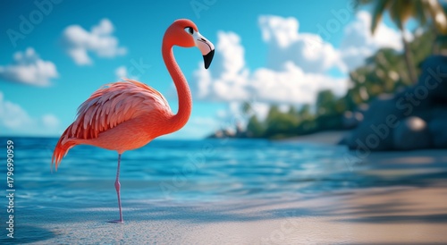 Bright Pink Flamingo Standing Near the Shore Under a Clear Blue Sky With Palm...