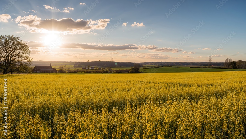Obraz premium Yellow Rapse Field in Springtime, agricultural landscape with sunlight, highlighting farming practices