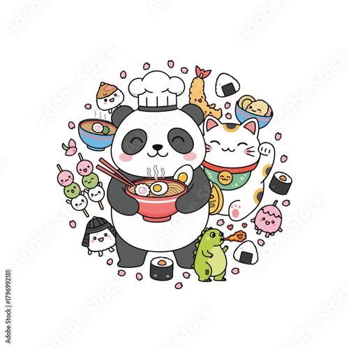 A cute panda chef holds a bowl of ramen surrounded by sushi, dango, onigiri, tempura, and other kawaii Japanese food characters.