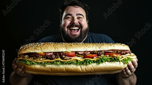 Large man holding enormous sandwich, showing unhealthy eating habits, high calorie fast food, poor food choices, obesity concept, trans fat indulgence, excessive consumption,