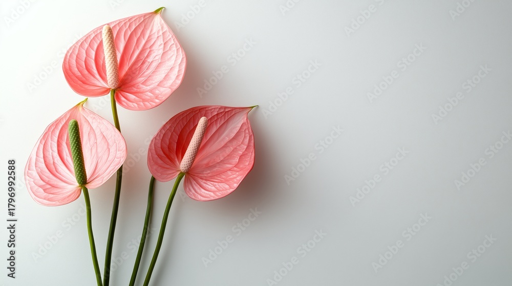 Fototapeta premium Beautiful Pink Anthurium Flowers on White Background in a Serene Arrangement