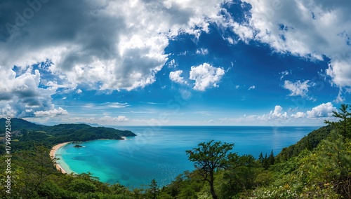 Fototapeta Naklejka Na Ścianę i Meble -  Upside-down view of Amanohashidate under a clear blue sky, reflecting nature's beauty, seasonal change