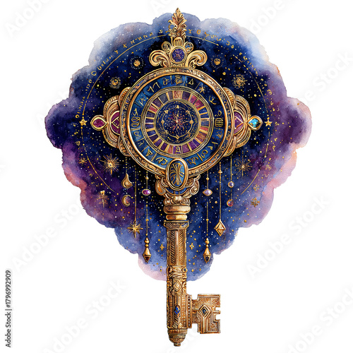 Intricate Key with Zodiac Symbols and Watercolor Celestial Background