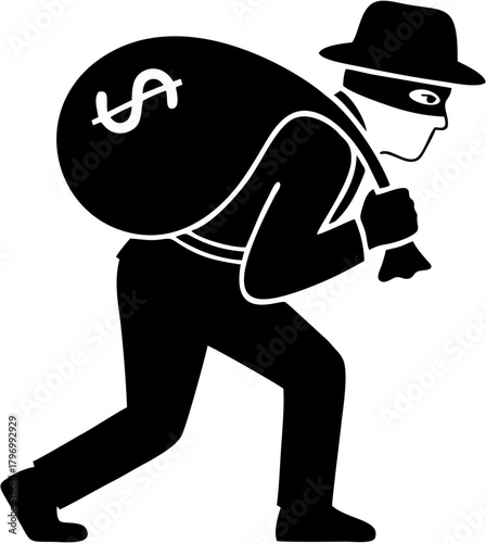 Silhouette of a Thief Carrying a Bag of Money, Wearing Mask and Hat