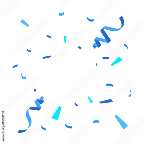 blue confetti and serpentine streamers falling for a festive party or celebration, isolated on a white background