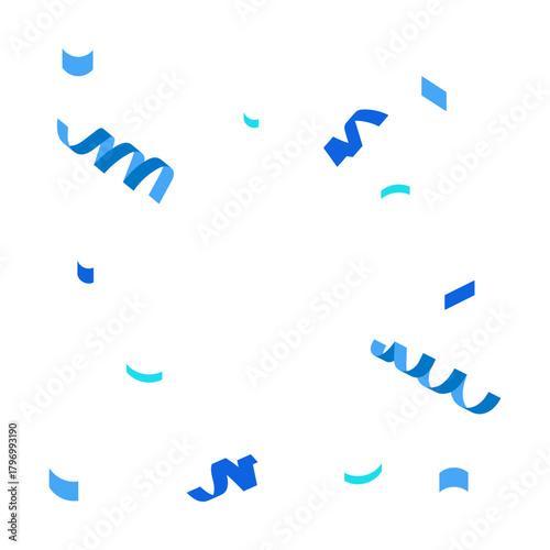 A festive explosion of blue paper confetti and serpentine streamers falling down, isolated on a white background for a celebration or party concept