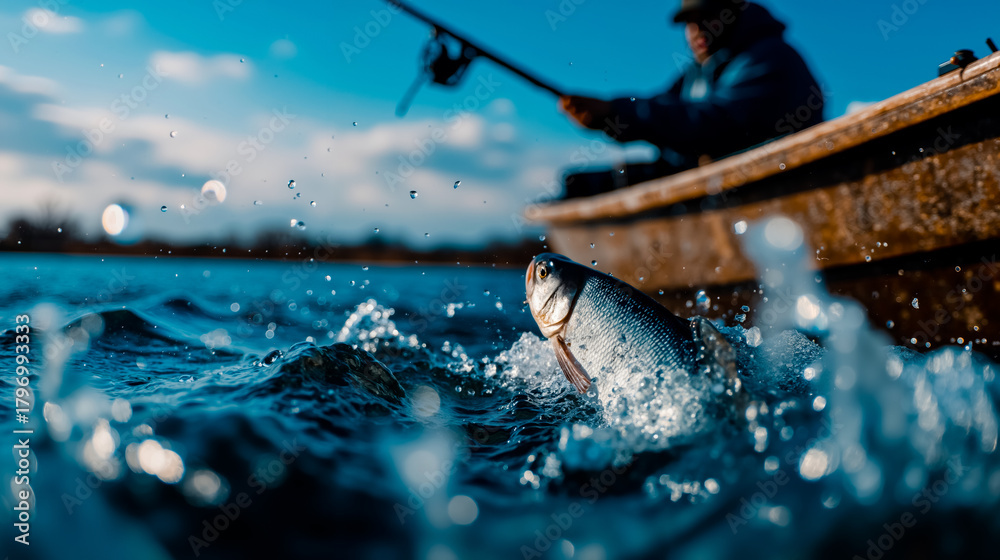 Naklejka premium Fishing fish angler boat water lake river hook bait catch outdoor sport nature leisure hobby relaxation tranquility