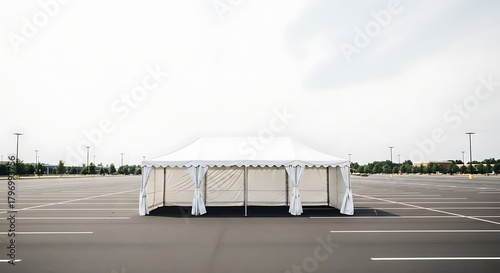 White Tent in Empty Parking Lot Under Cloudy Sky.