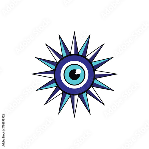 A stylized graphic representation of a blue eye, surrounded by sharp, radiating points.