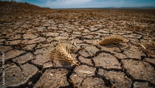 Two ears of wheat resting on the soil, symbolizing agricultural challenges and the risk of food scarcity