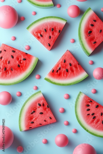 Fresh Watermelon Slices and Pink Gum Balls on Light Blue Background Create a ...
