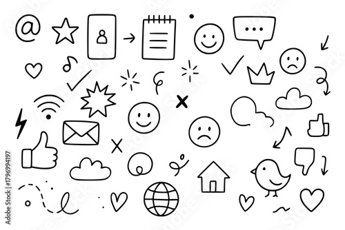 A clean hand-drawn doodle icon set featuring simple black line illustrations with light blue accents, including smiley faces, arrows, clouds, hearts, communication icons.