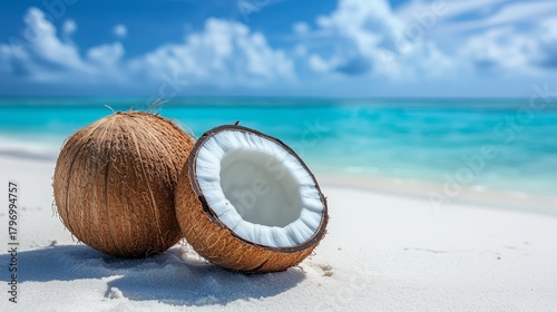 Fresh Coconuts on the Sandy Beach Near Turquoise Waters Under a Bright Blue Sky