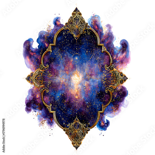 Ornate Golden Frame with Cosmic Nebula, Watercolor Galaxy Design