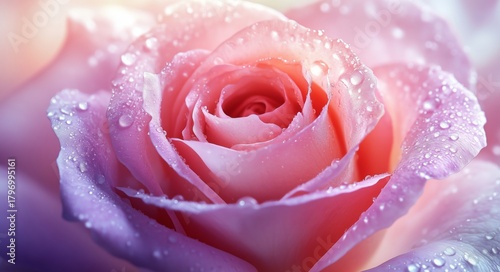 Beautiful Pink Rose With Dew Drops in a Softly Lit Garden