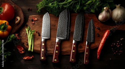 High-quality Kitchen Knives Arranged on a Wooden Cutting Board Surrounded by ...