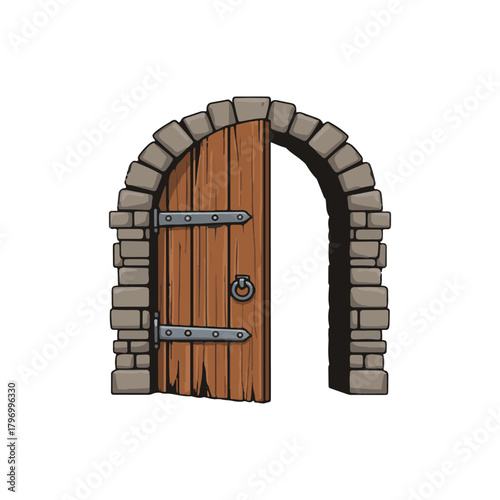A cartoon illustration of an open wooden door set within a stone archway.