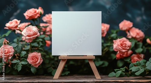 Blank Canvas Stands in Front of Blooming Pink Roses on a Wooden Table in Natu...