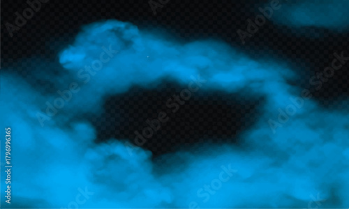 Abstract blue smoke texture on a dark background contrasting with a bright blue sky and white clouds