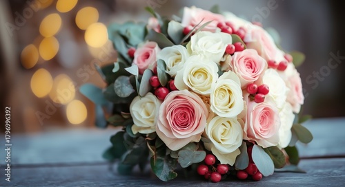 Beautiful Floral Bouquet With Roses and Berries in Soft Colors Arranged for a...