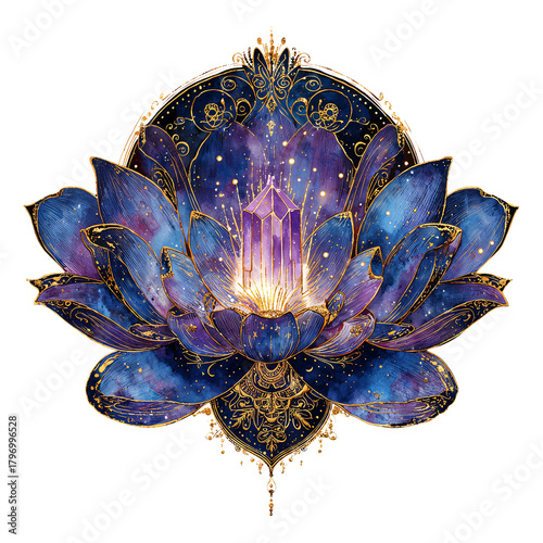 Watercolor Lotus Flower with Crystal, Galaxy Nebula Art