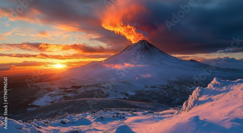 Majestic Volcano Erupts at Sunset, Illuminating the Sky With Lava and Smoke O...
