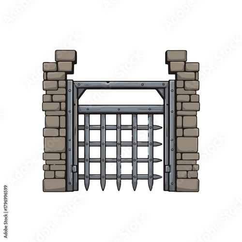 A cartoon illustration of a medieval-style castle gate with stone pillars and a metal portcullis with spiked bars.