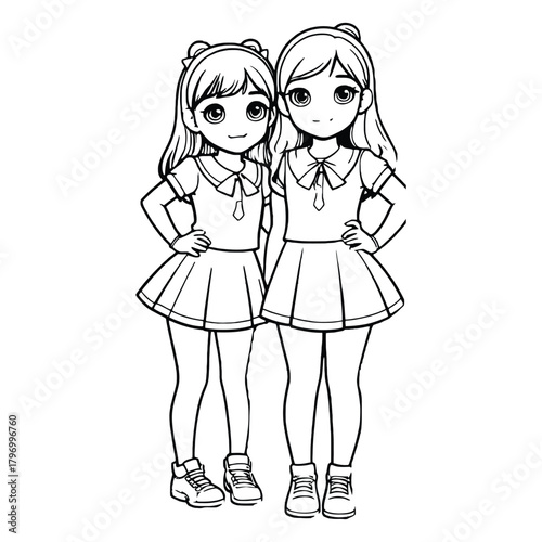 Two Girls in Matching Outfits  Friendship or Twin Sisters Pose  Black and White Line Art Cartoon Character Illustration