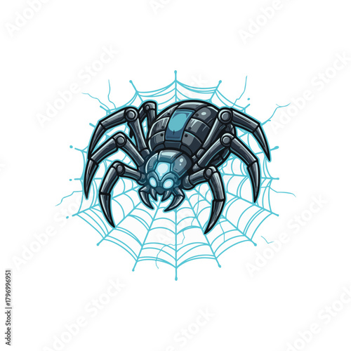 Cartoon illustration of a robotic spider with glowing blue eyes, positioned on a stylized light blue web.