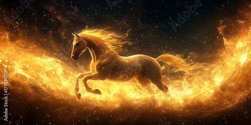 Majestic Horse Running Through a Blaze of Fiery Magic in a Cosmic Space
