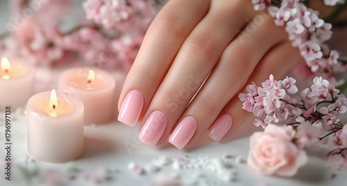 Elegant Pink Manicure With Flowers and Candlelight for a Relaxing Ambiance