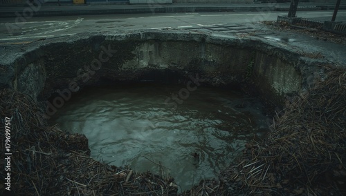 Sewer pit exposed with water and waste materials, sanitation hazard