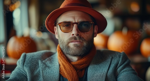 Confident Man With Hat and Scarf Sitting Among Pumpkins in a Cozy Caf During ...