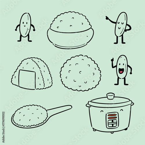 Cute Rice Characters and Cooking Items  Bowl, Spoon, Cooker, Onigiri, Grains  Whimsical Black and White Food Line Art
