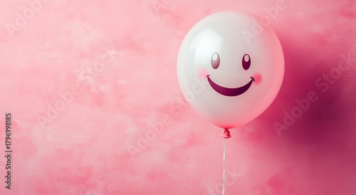 White Balloon With a Smile on a Pink Background Creates a Cheerful Atmosphere...