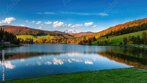 Fototapeta Naklejka Na Ścianę i Meble -  Slovakian Carpathian Mountain lake reflections during autumn, an ideal setting for outdoor exploration