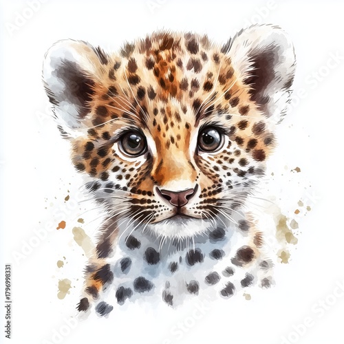 Close-up of a Young Leopard Cub With Striking Features on a White Background