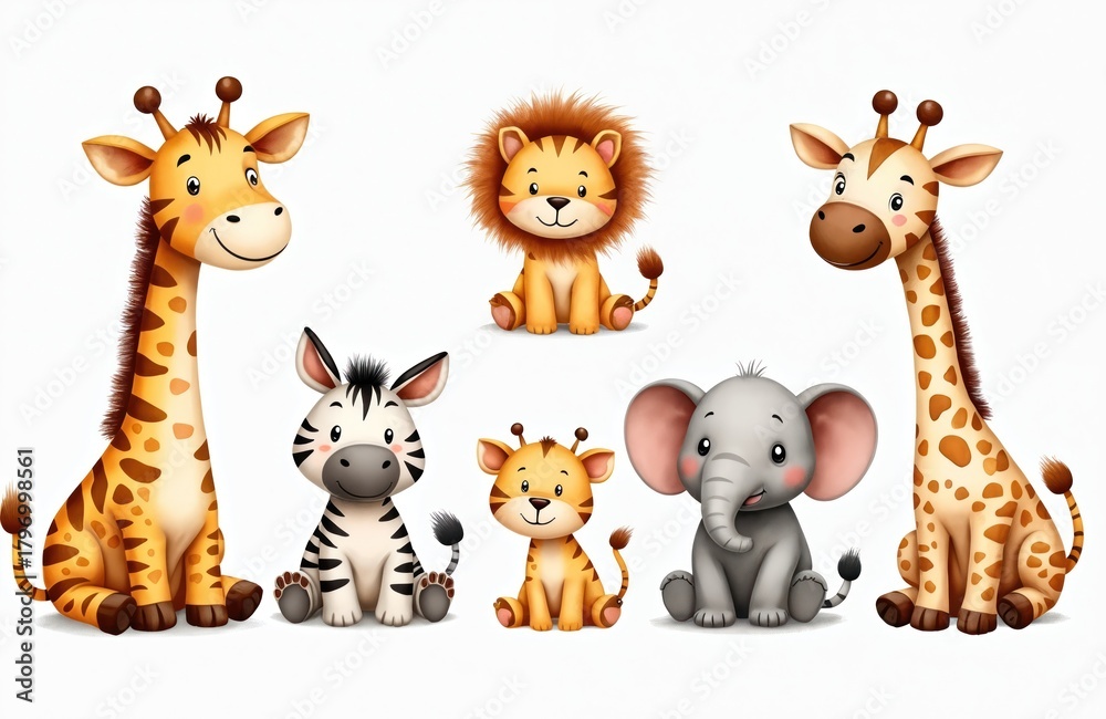Obraz premium Illustration of cute cartoon animals giraffe lion zebra tiger and elephant. Set of friendly baby african wildlife characters. Ideal for kids nursery decor or educational resources.