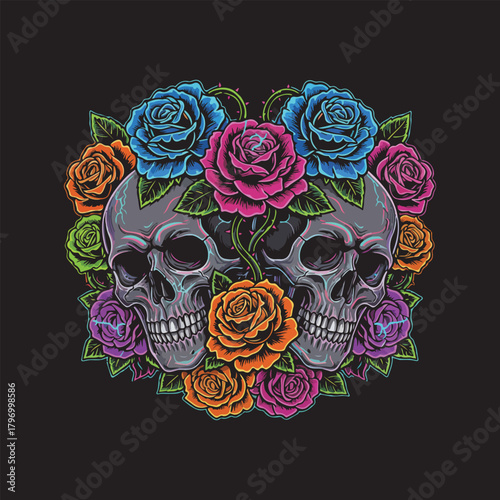 Two detailed gray skulls surrounded by vibrant colorful roses, dark background.