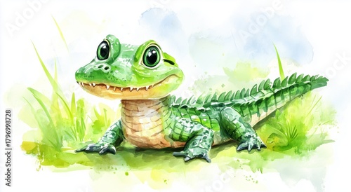 Colorful Cartoon Crocodile Resting on Grass in a Whimsical Natural Setting